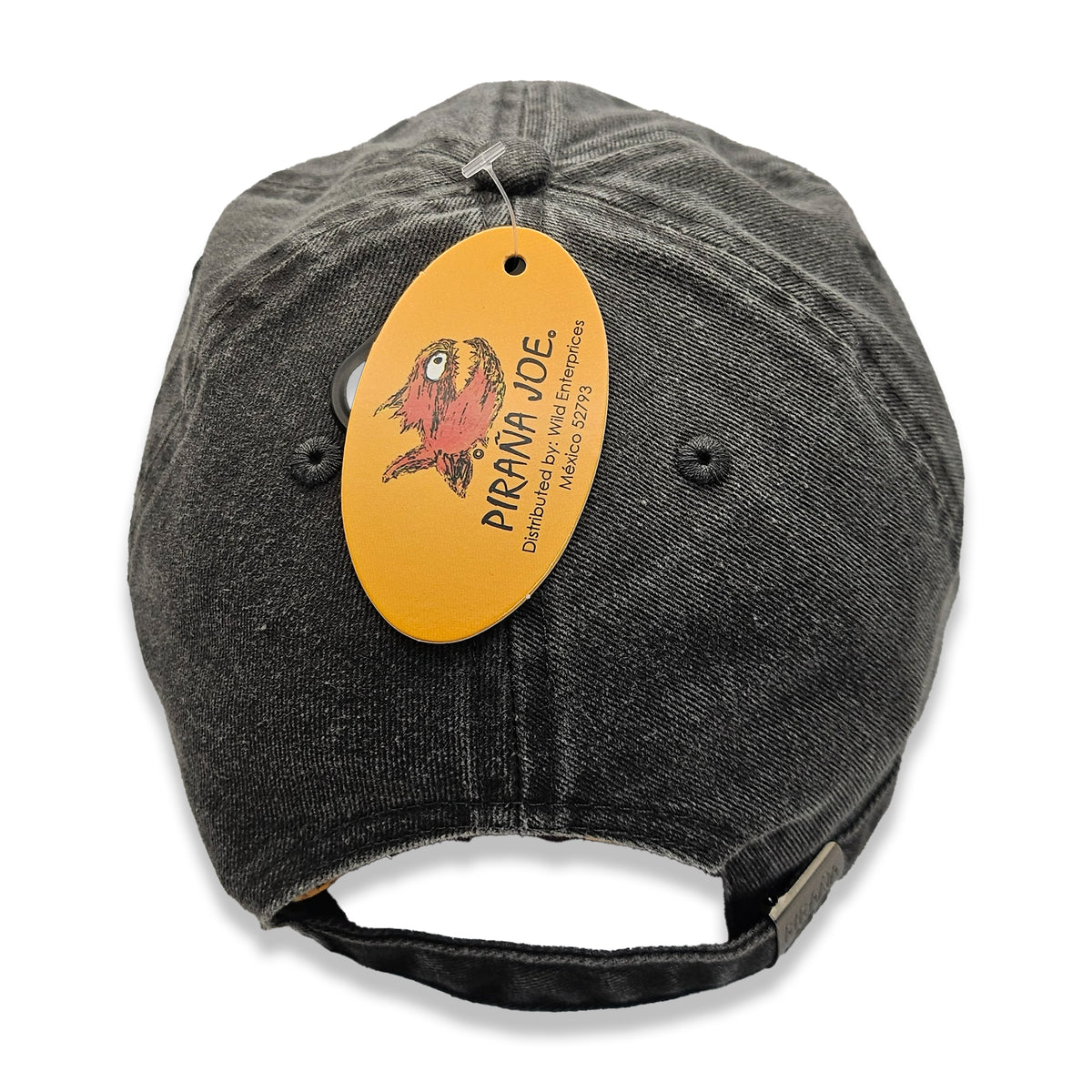 Piraña Joe Originals washed cap in black – back view with adjustable strap and hang tag